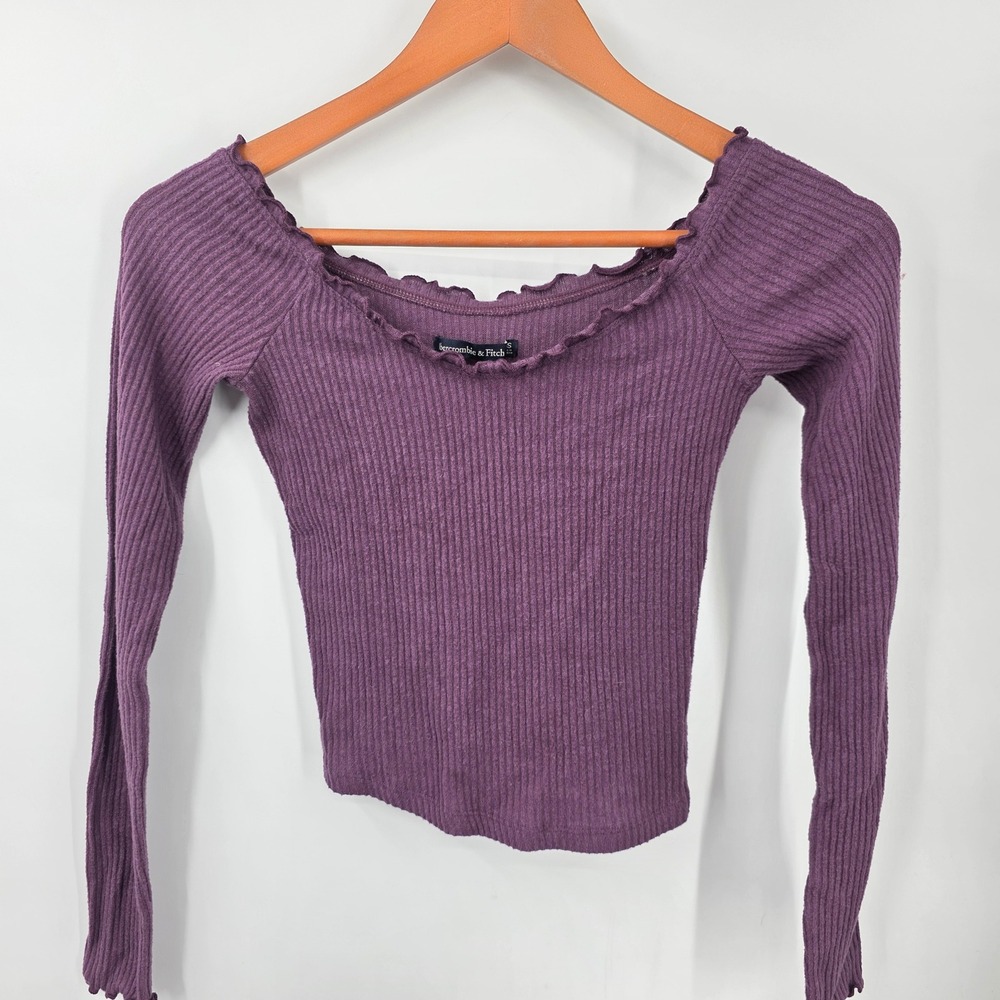 Abercrombie & Fitch Purple Ribbed Lettuce Edge Off Shoulder Top XS Long Sleeve